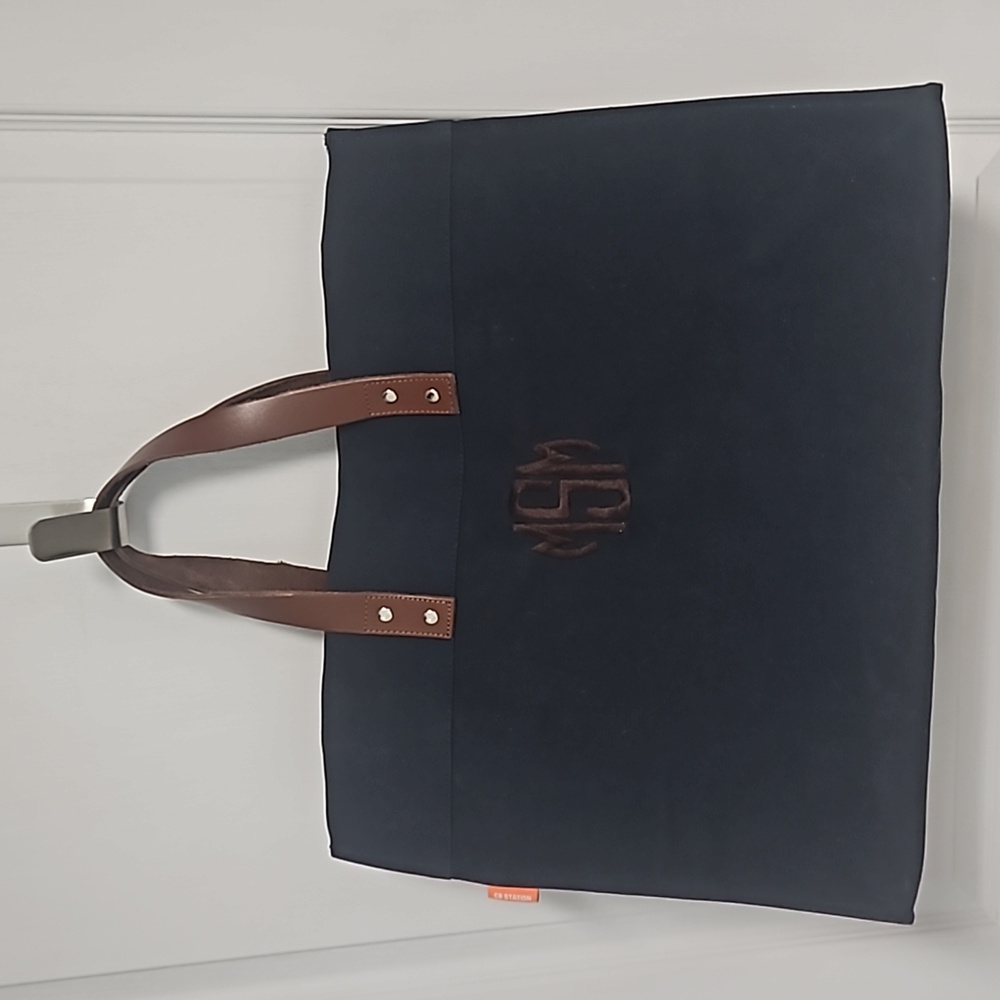 CB Station Navy Blue Canvas & Leather Market Tote Brown Monogram “MSM"